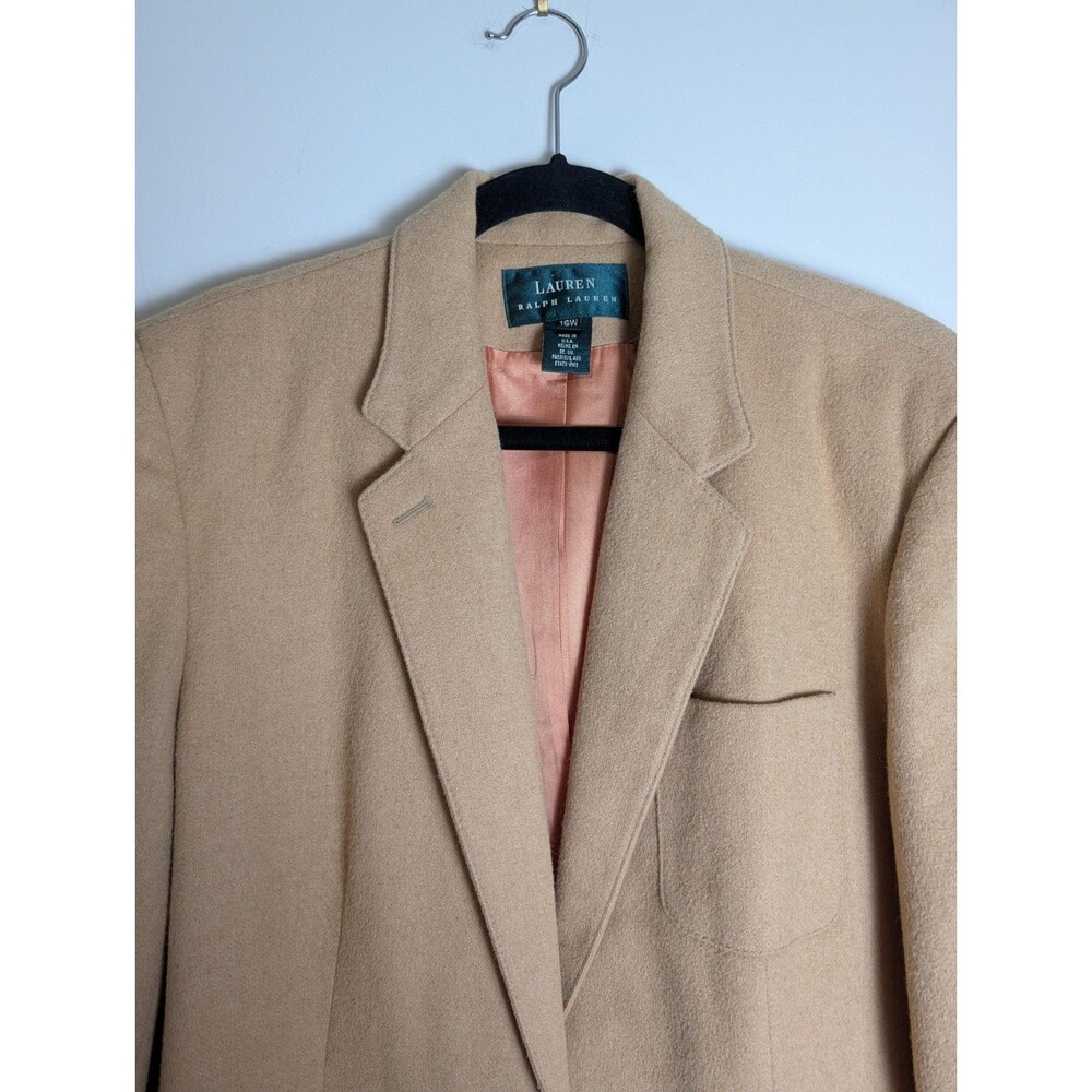 Vintage Lauren Ralph Lauren Women Blazer Leather Buttons Camel Hair 16W Preppy - Picture 3 of 14